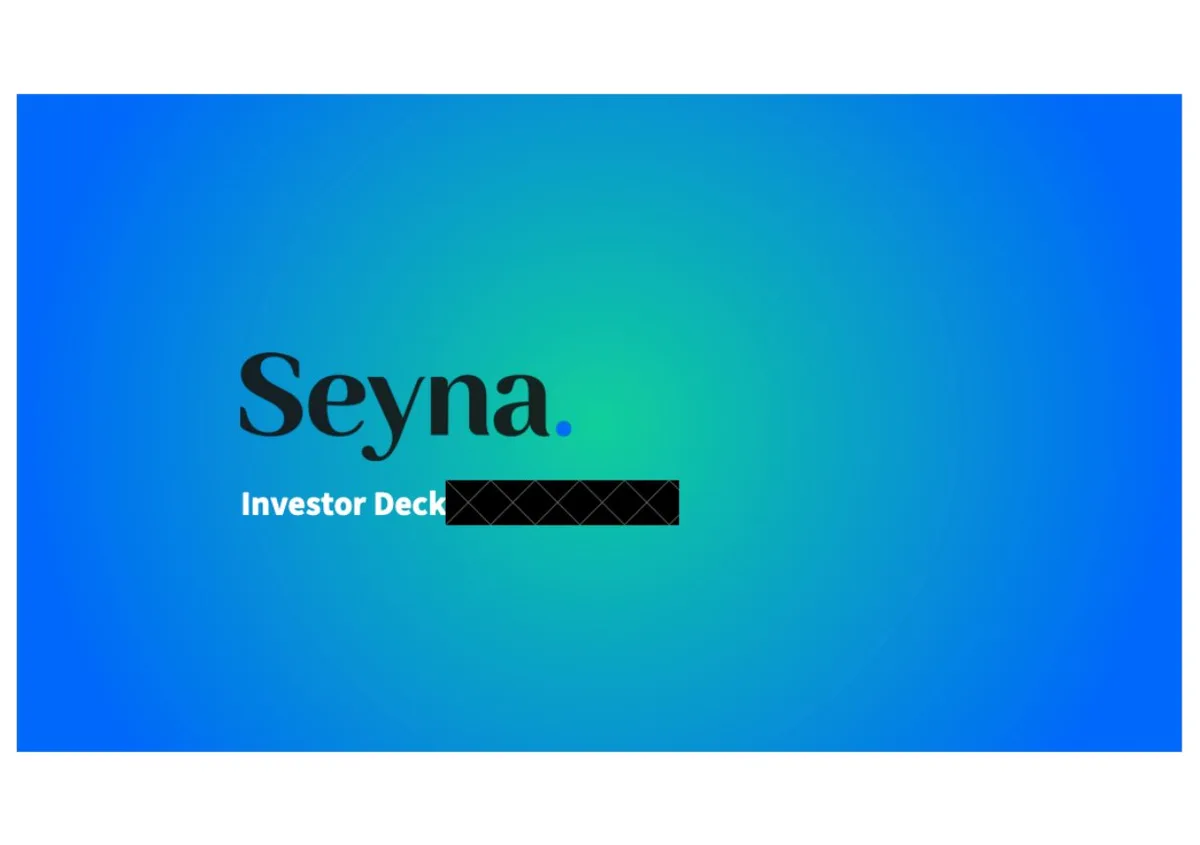 The slide features a gradient background and the company name with a redacted subtitle.