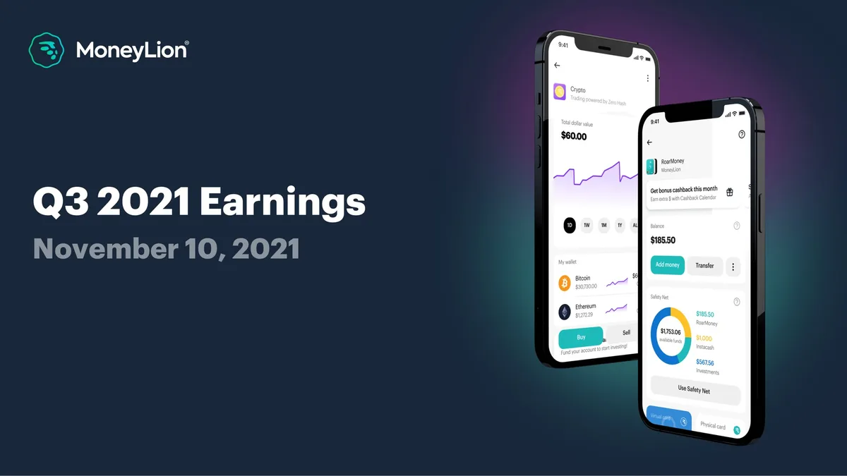Includes product screenshots showing crypto and banking features.