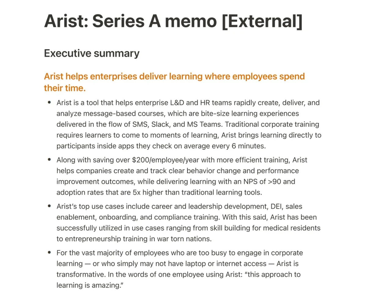 Here's an exclusive look at the pitch memo former Y Combinator startup Arist used to raise $12 million to simplify workplace training · slide 1