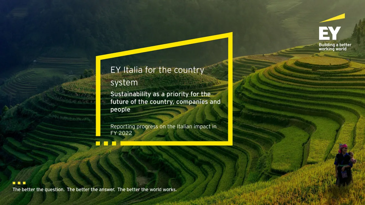 The slide uses a stylized yellow frame over a landscape photo, typical of EY's branding.
