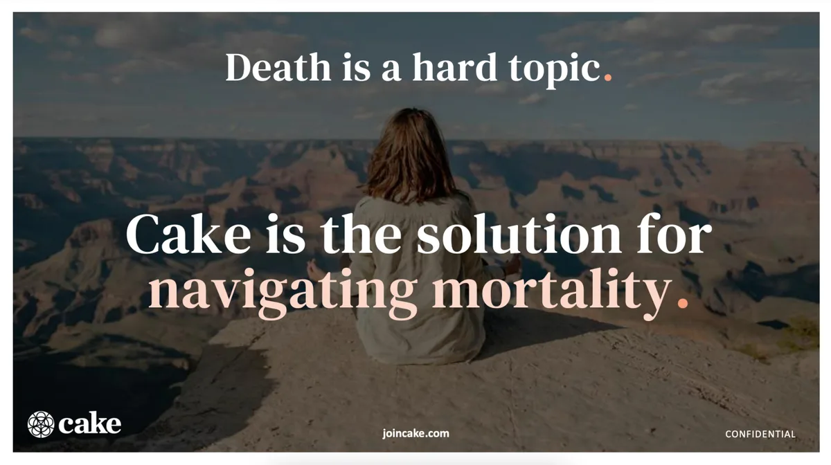The slide uses a high-contrast, emotional framing to position the brand as a helpful guide for end-of-life planning.