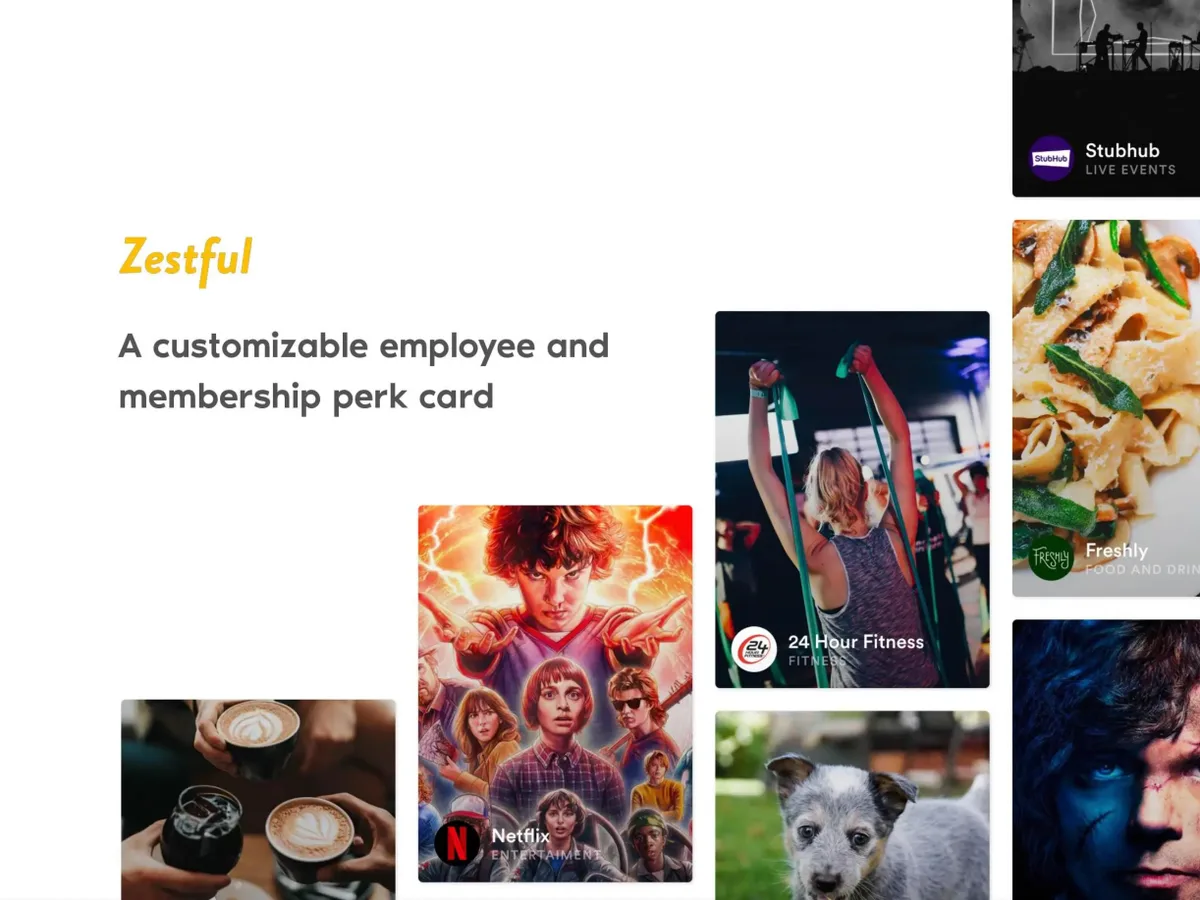 The slide uses a collage of brand-related imagery (Netflix, 24 Hour Fitness, Freshly, StubHub) to represent the types of perks available.