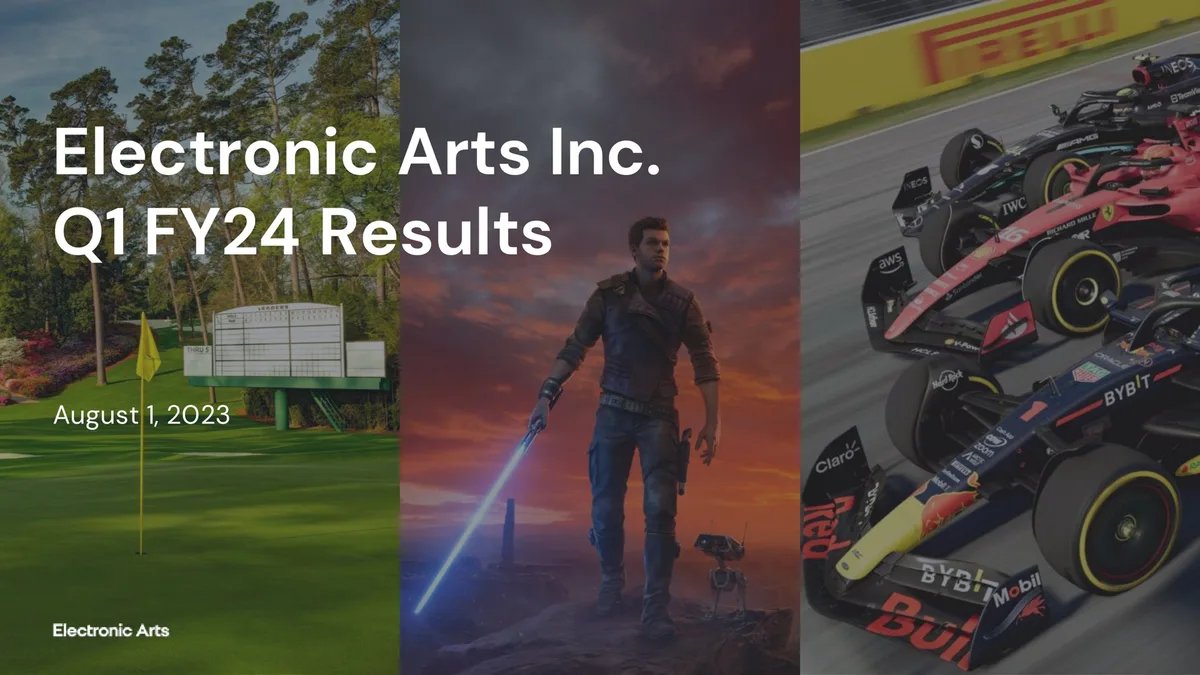 Features imagery from EA's portfolio: golf, Star Wars Jedi, and F1.