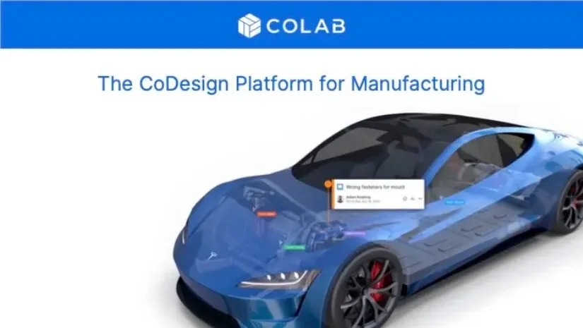 The slide uses a visual metaphor of a 3D CAD model with digital sticky notes to demonstrate the product's core value proposition.