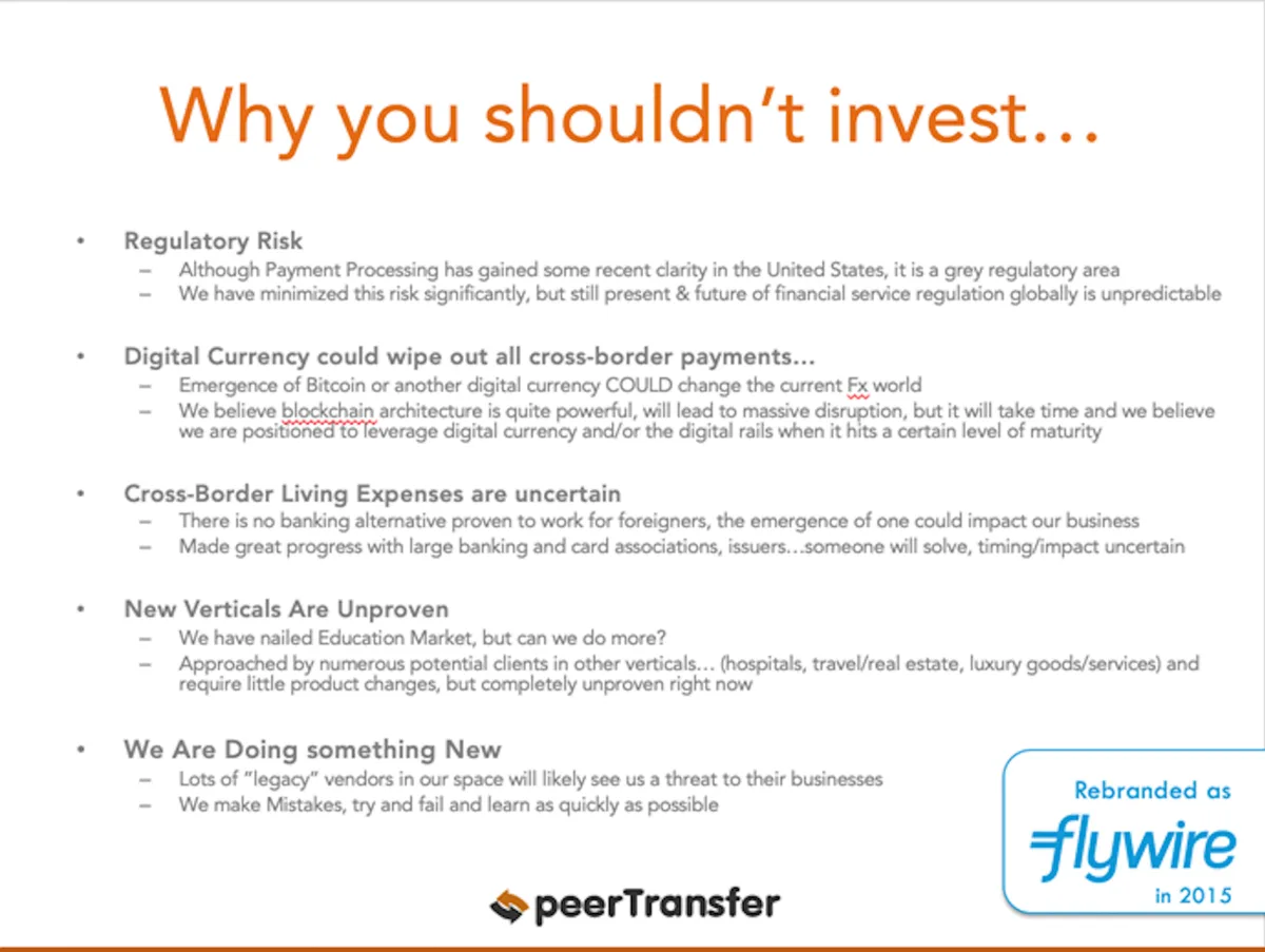 This CEO has a pitch-deck slide titled 'Why you shouldn't invest in us' that he says was a key draw for $140 million in VC funding · slide 1