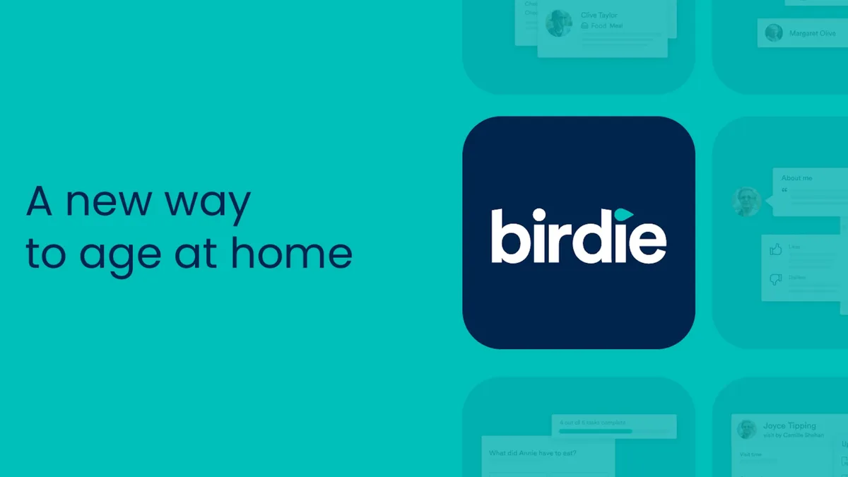 The slide uses a teal background with the Birdie logo centered and blurred UI screenshots in the background.