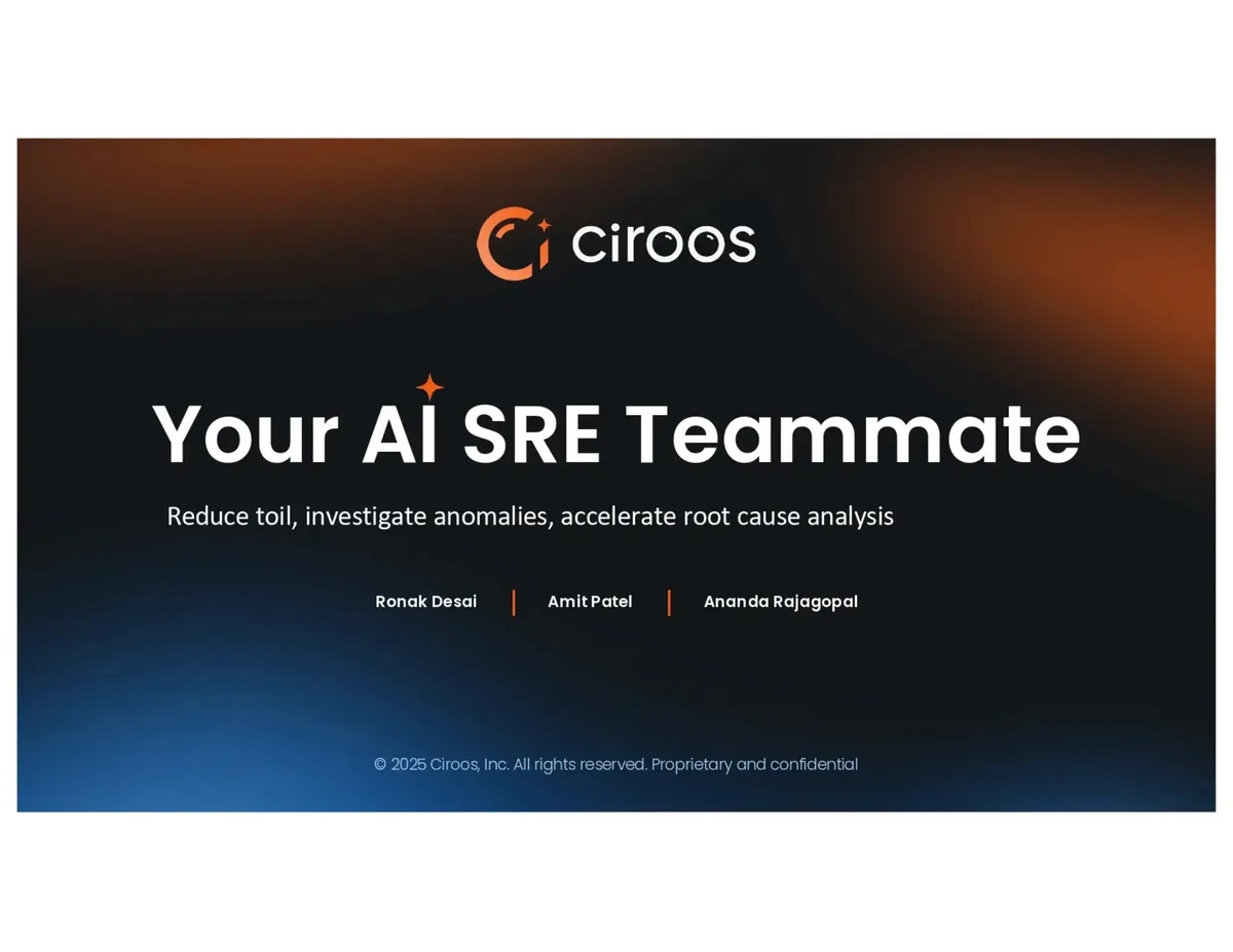 Ciroos pitch deck: AI SRE teammate startup  raises $21M seed funding · slide 1