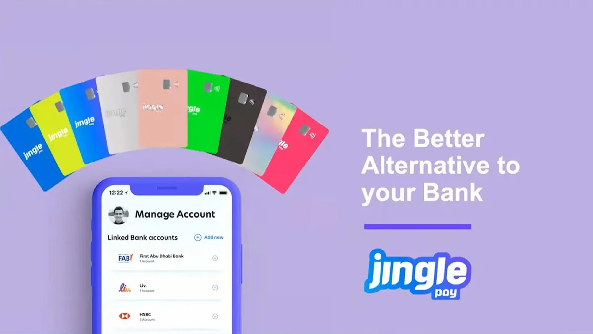 The slide features a fan of colorful payment cards and a mobile app interface showing linked bank accounts.