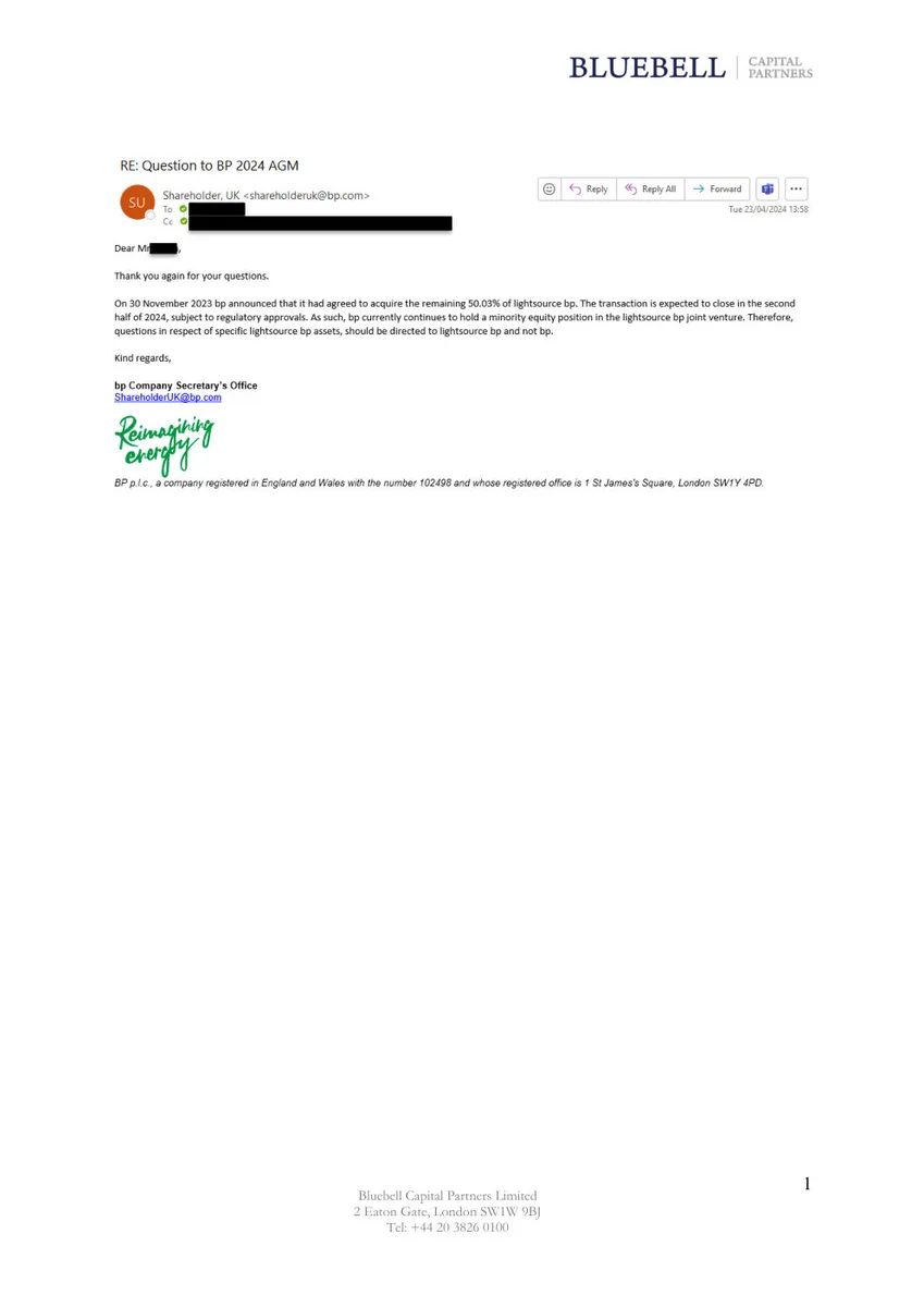 The slide is a screenshot of an email communication used as evidence for a shareholder inquiry.