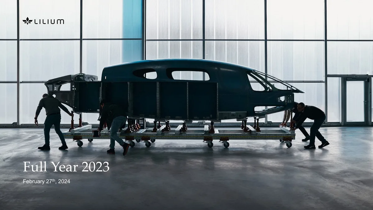 Features a photograph of the Lilium jet fuselage assembly.