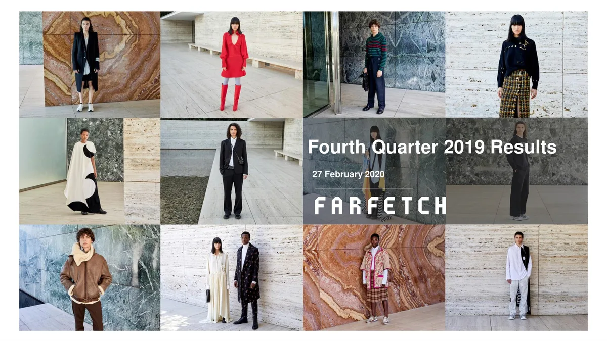 The slide uses a grid of 11 fashion images with the company logo and title overlaid in the center-right.