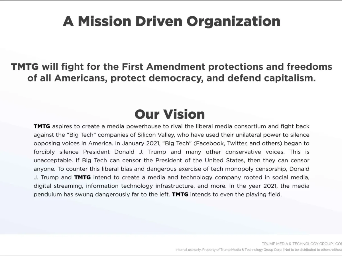 The slide combines a mission statement with a vision narrative that frames the company's purpose as a political and cultural counter-movement.
