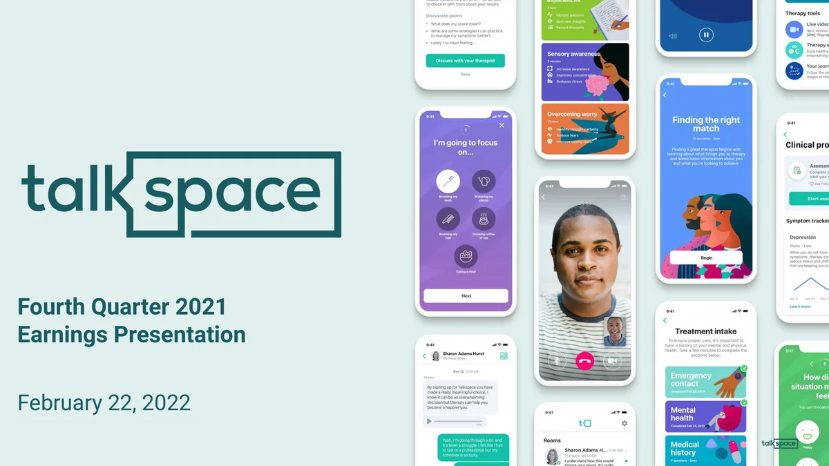 The slide uses a collage of UI screenshots to showcase the product experience.
