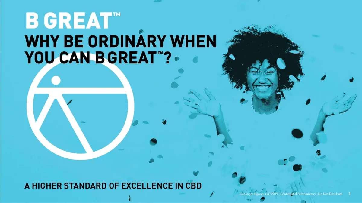 The slide features a brand logo, a tagline, and a photo of a smiling person, establishing the brand identity.