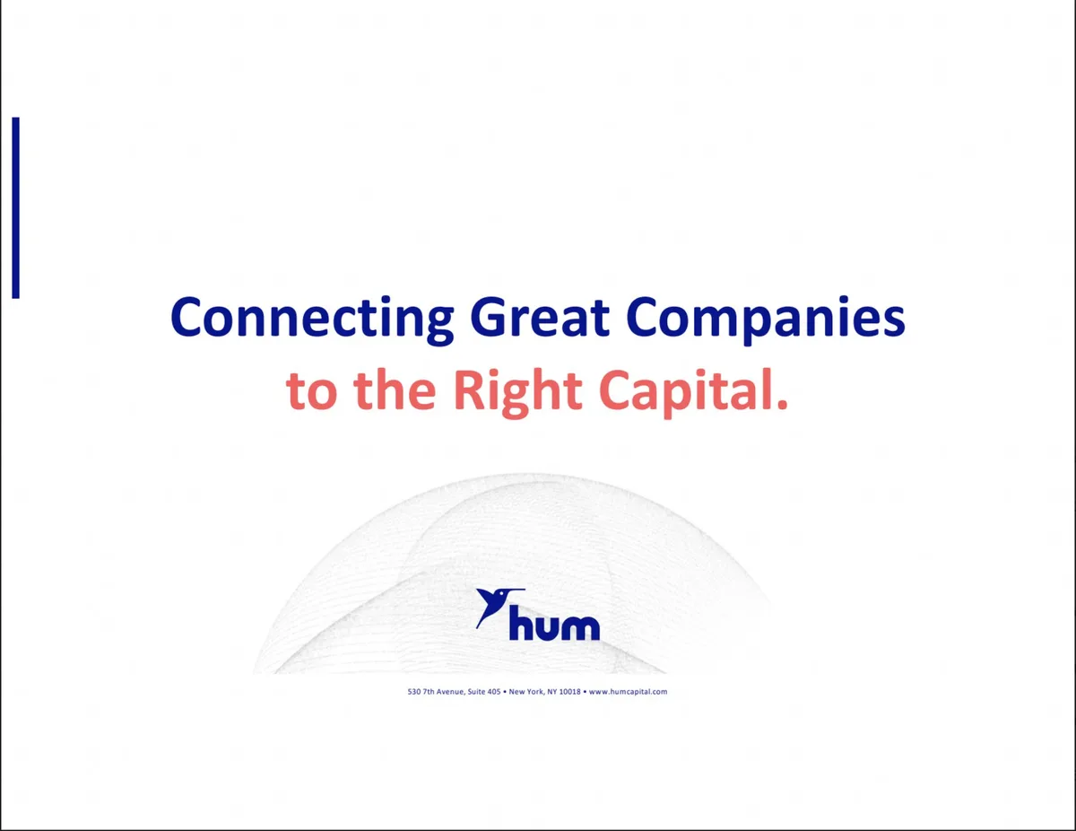 This 11-page pitch deck helped Hum Capital;; a fintech using AI to match investors with startups;; raise a $9 million Series A · slide 1