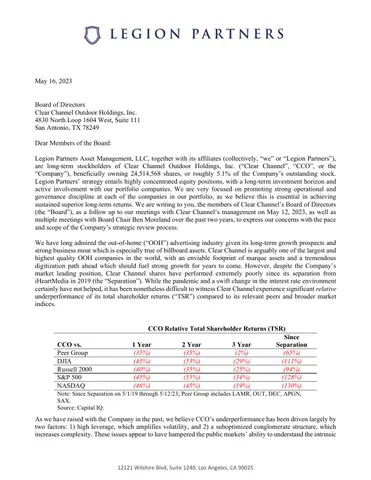 Legion Clear Channel Outdoor Letter May 2023