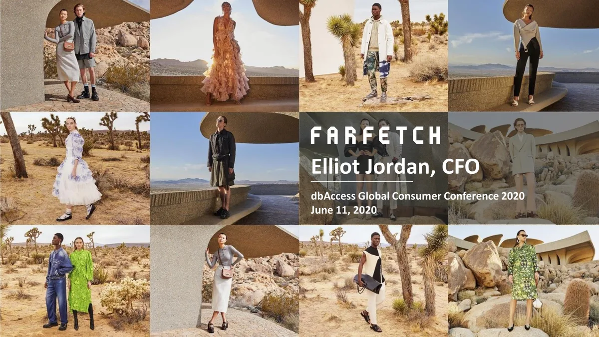 The slide features a grid of fashion photography with the company logo and presenter details overlaid in the center.