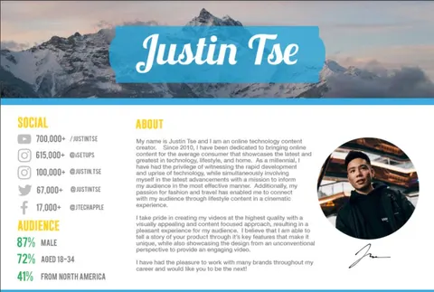 YouTube influencer's media kit and pitch-deck example: Justin Tse