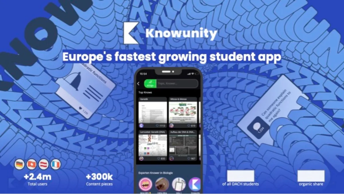 The slide features a central mobile app screenshot surrounded by a stylized background pattern of the company logo. Two empty white boxes at the bottom suggest missing data points for market penetration and organic share.