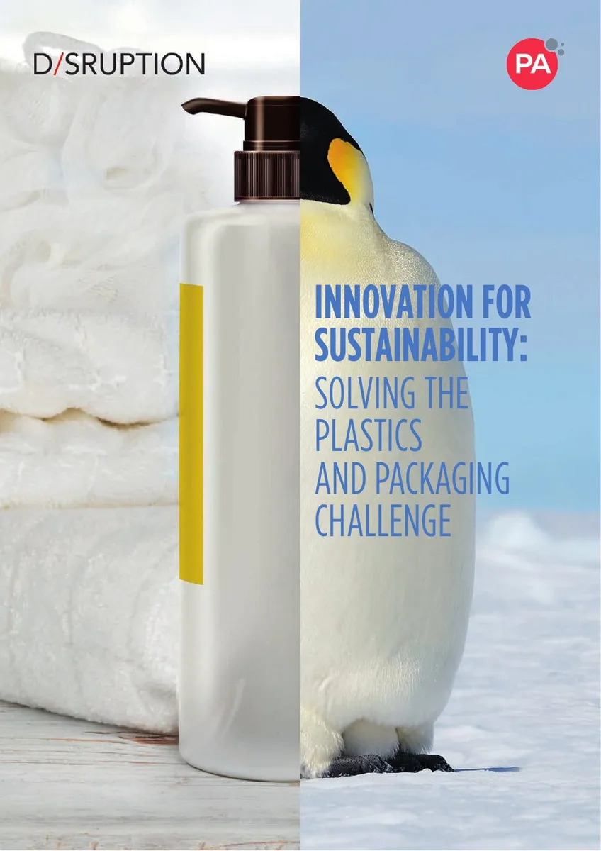 The visual metaphor uses a split image to connect consumer goods (plastic bottle) with environmental impact (penguin/nature).