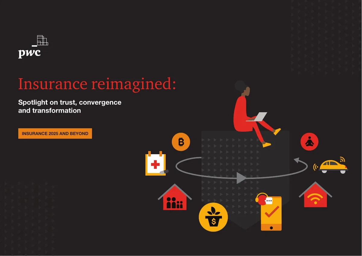 Includes a stylized graphic representing various insurance sectors (health, crypto, automotive, smart home, etc.) revolving around a central figure.