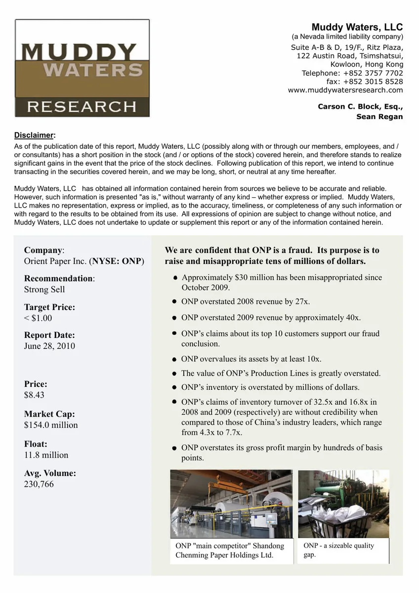 This is a classic short-seller research report cover page.