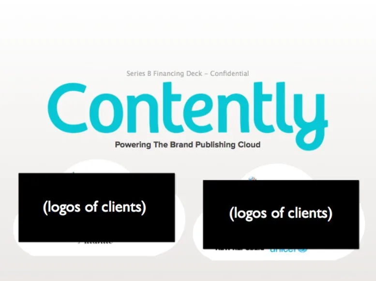 The slide contains redacted client logo areas.