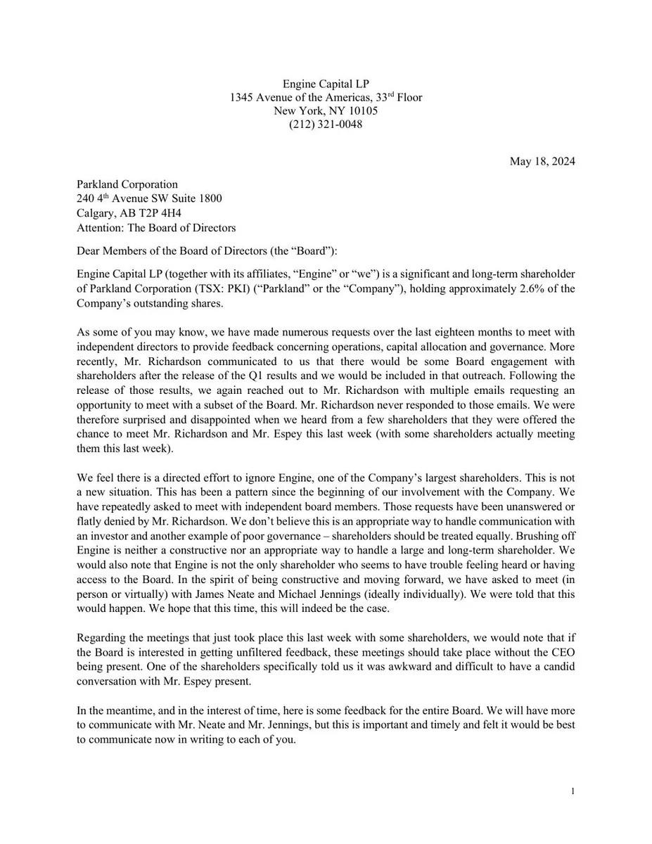This is the first page of a formal shareholder letter.
