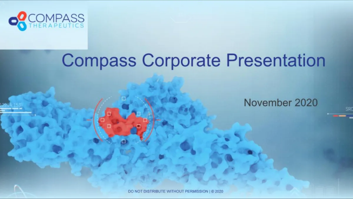 Includes company logo and a scientific illustration of a protein structure.
