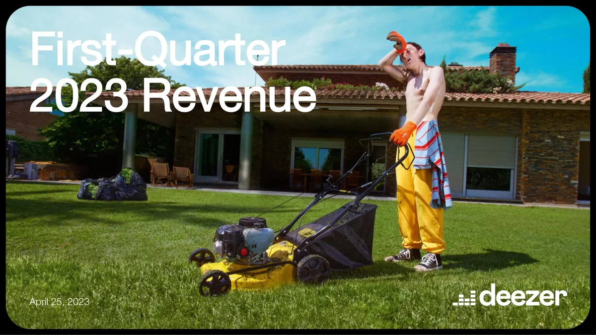 The slide features a stylized, humorous photograph of a person mowing a lawn, which is unconventional for a corporate financial presentation.