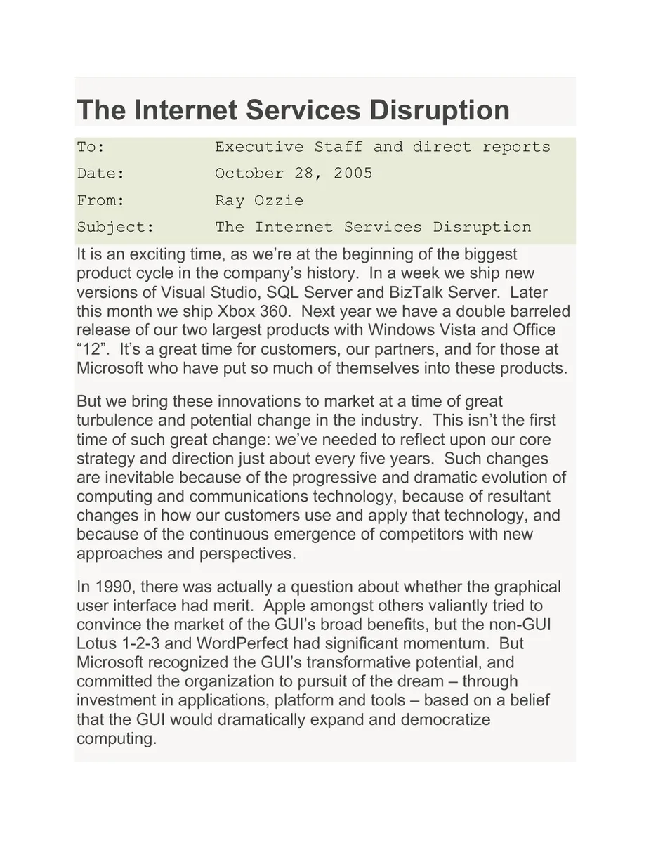 This is the famous 'Internet Services Disruption' memo from Ray Ozzie to Microsoft staff in 2005.