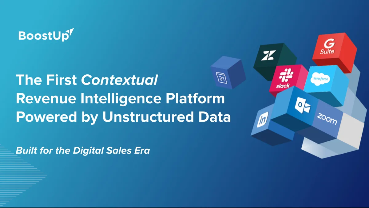 The slide uses a 3D cube stack visual to represent integration with common enterprise software (Salesforce, Slack, Zoom, G Suite, etc.).