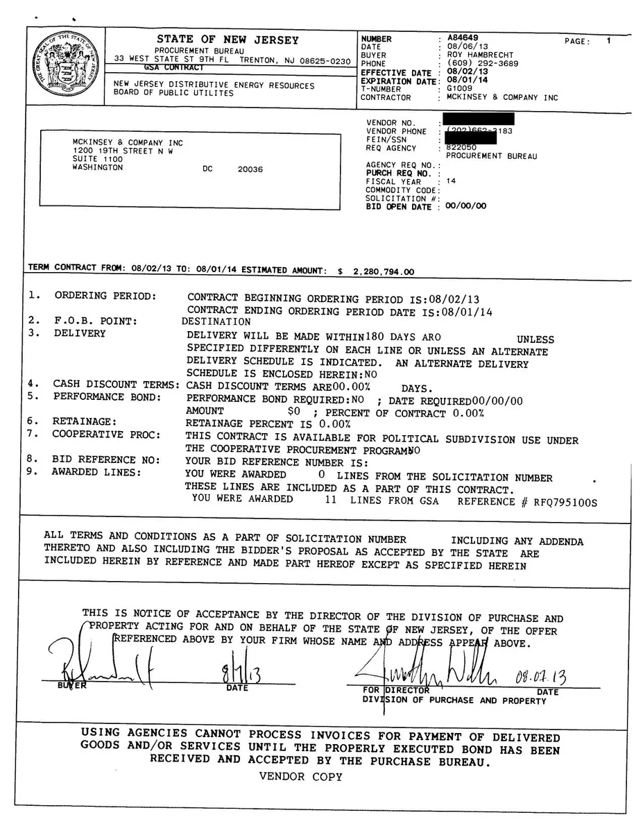 This is a legal procurement document (vendor copy) detailing contract terms, dates, and financial authorization.