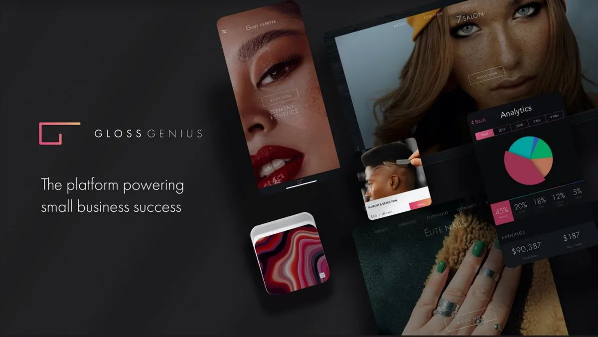 Check out the pitch deck from GlossGenius;; a startup helping beauty and wellness SMBs with everything from accounting to marketing · slide 1