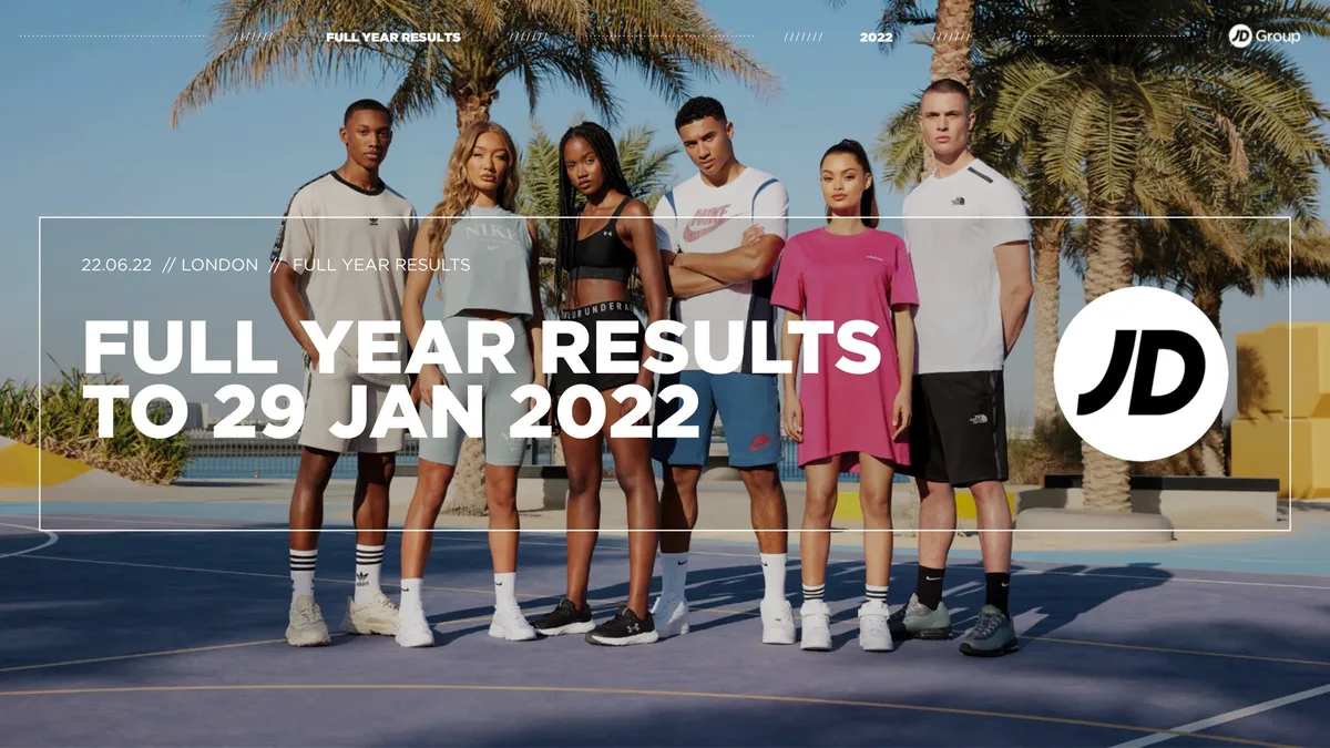 Includes JD Group logo and lifestyle photography of models in athletic wear.