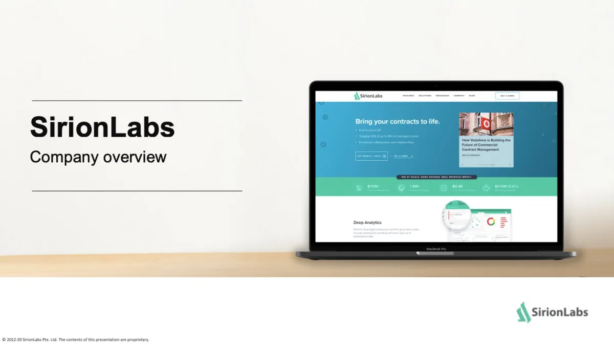 The slide uses a laptop mockup to display the company's digital presence and core value metrics.