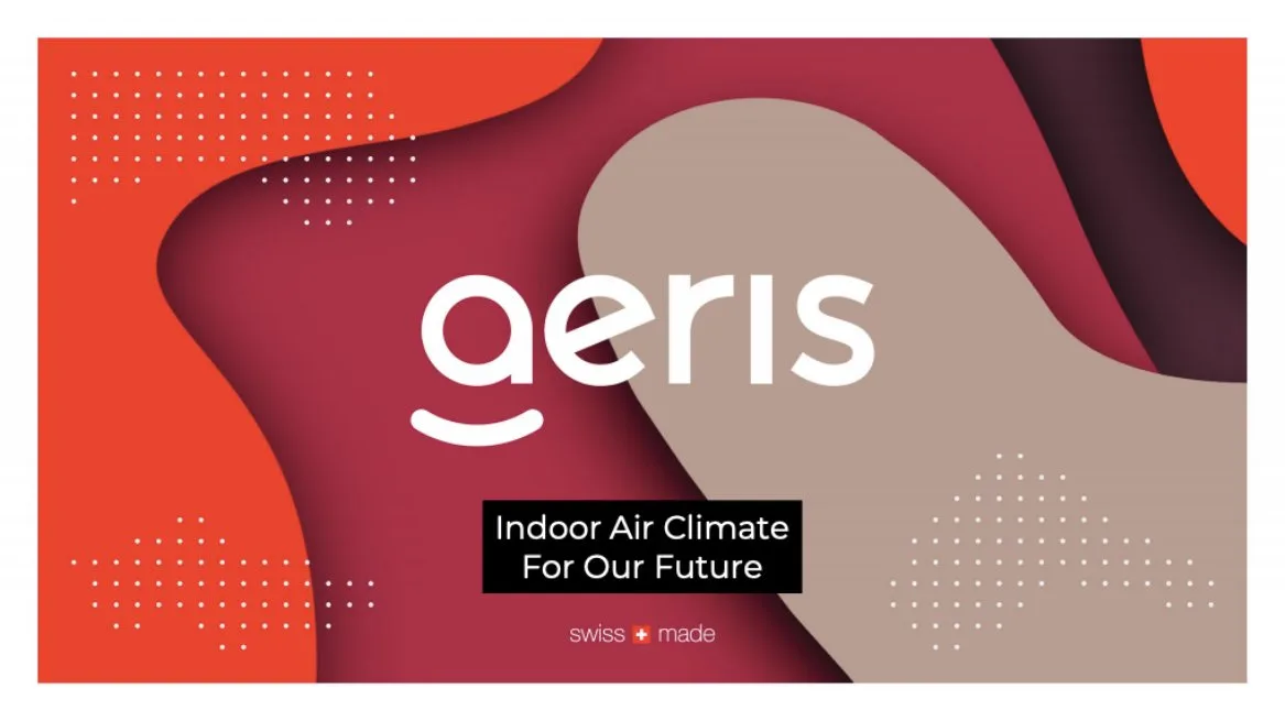 The slide features a stylized logo and a tagline on a layered, abstract background.