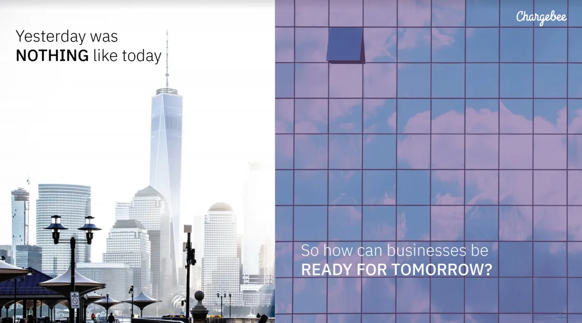 Uses a split-screen visual metaphor contrasting a traditional city skyline with a modern, reflective glass facade.