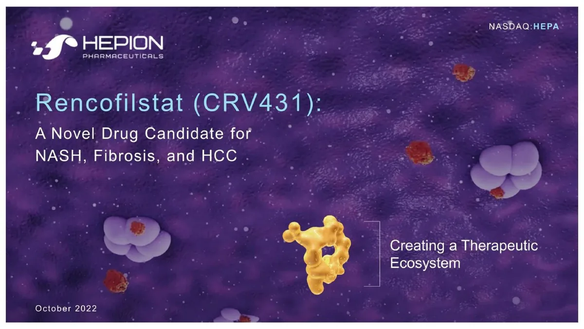 Includes company logo, ticker symbol, date, and a thematic illustration of a therapeutic ecosystem.