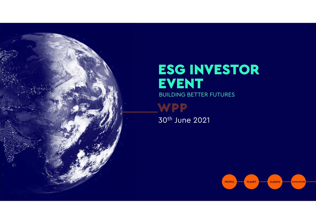 Features a stylized globe and four thematic circles (People, Planet, Clients, Communities).
