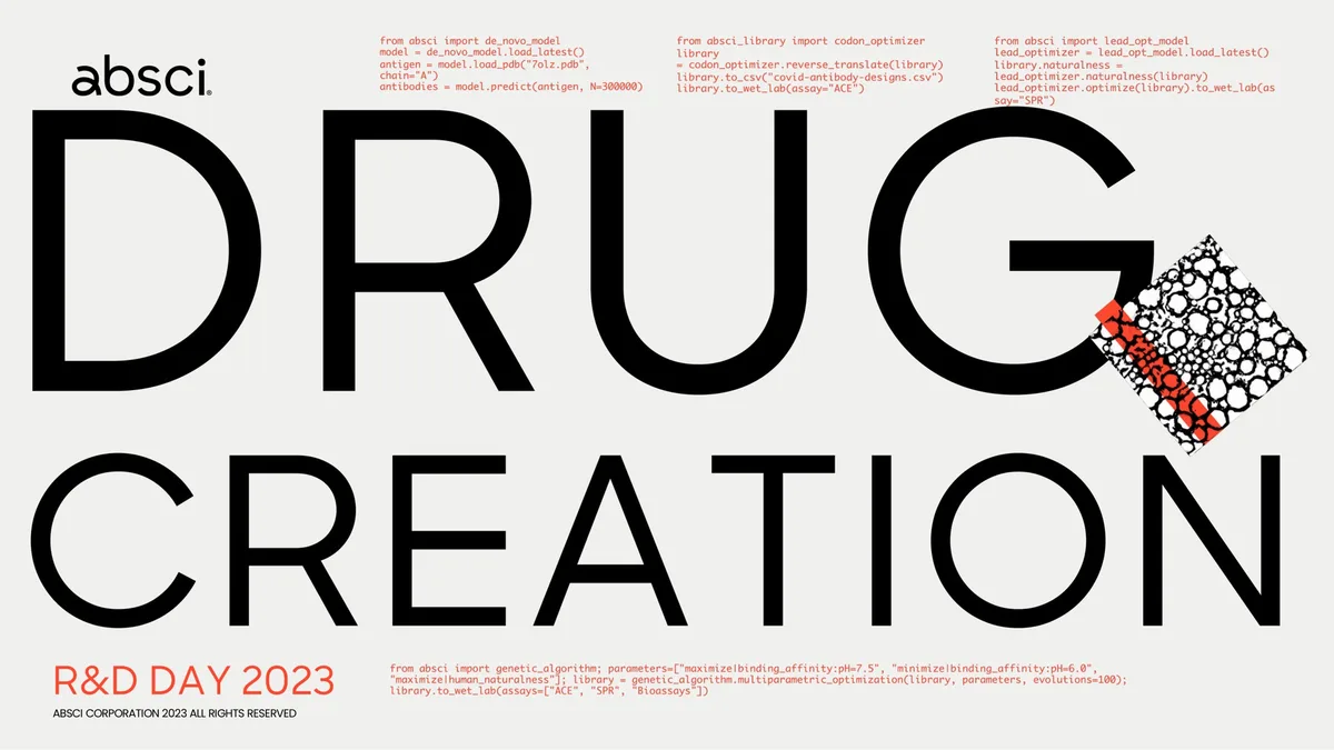 The slide uses Python-like code snippets as a design element to illustrate the technical nature of the drug creation process.