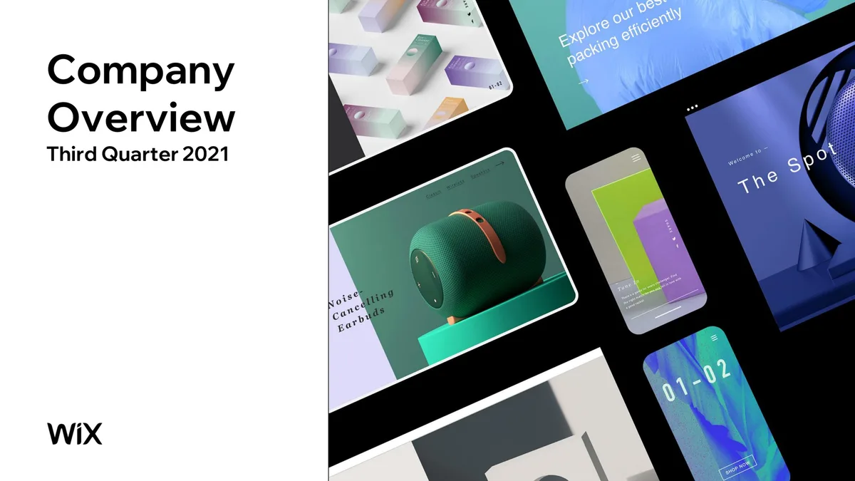 The slide uses a split layout with text on the left and a visual collage of UI/product design on the right.