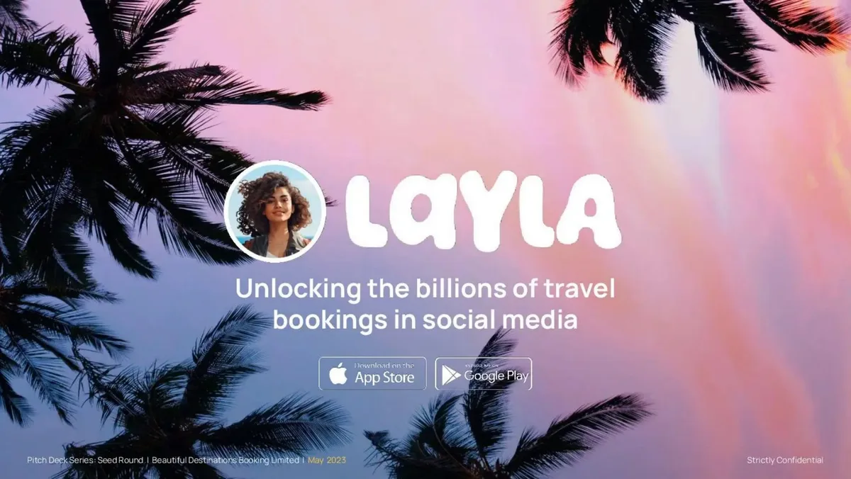 Includes company name, tagline, and app store badges.