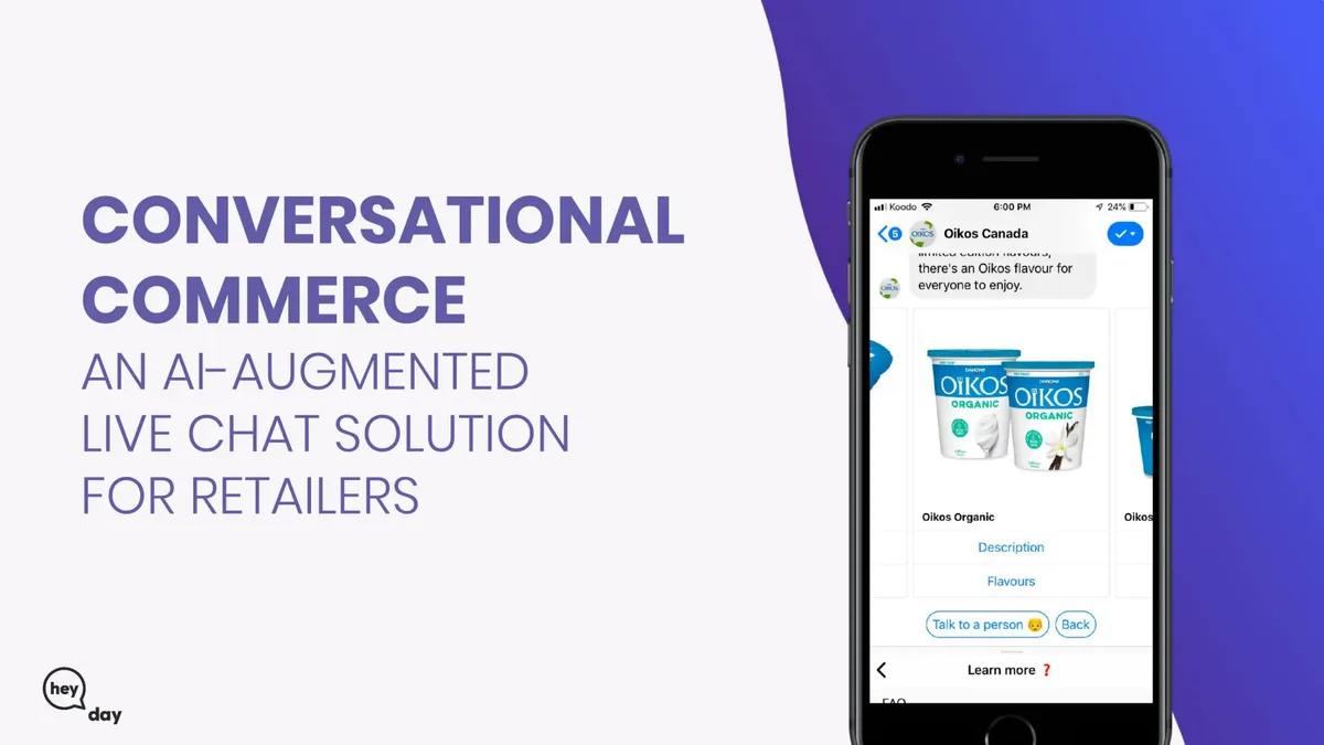 The visual shows a mobile chat interface demonstrating product discovery and interaction.