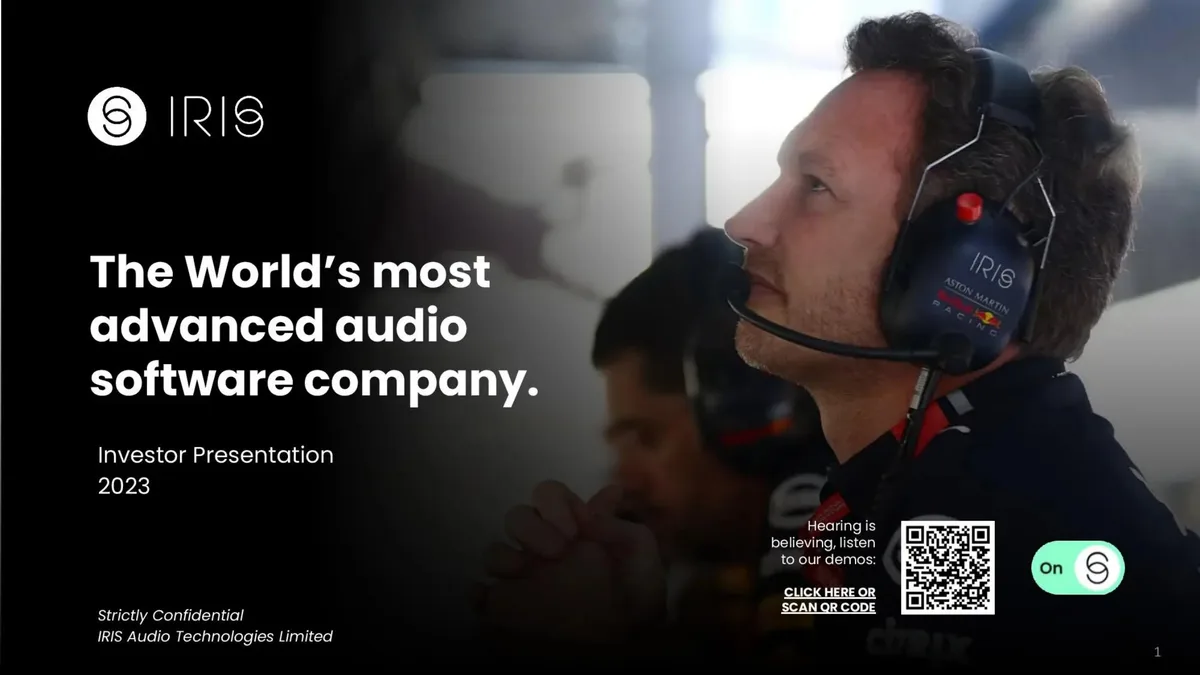 Features a QR code for audio demos and branding associated with Aston Martin Red Bull Racing.