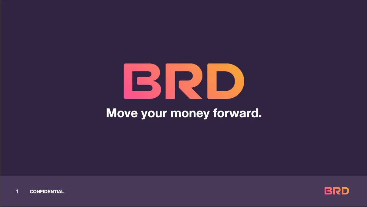 $100 million blockchain startup BRD used this pitch deck to raise $750;;000;; helping it win over customers like Deloitte and KPMG · slide 1