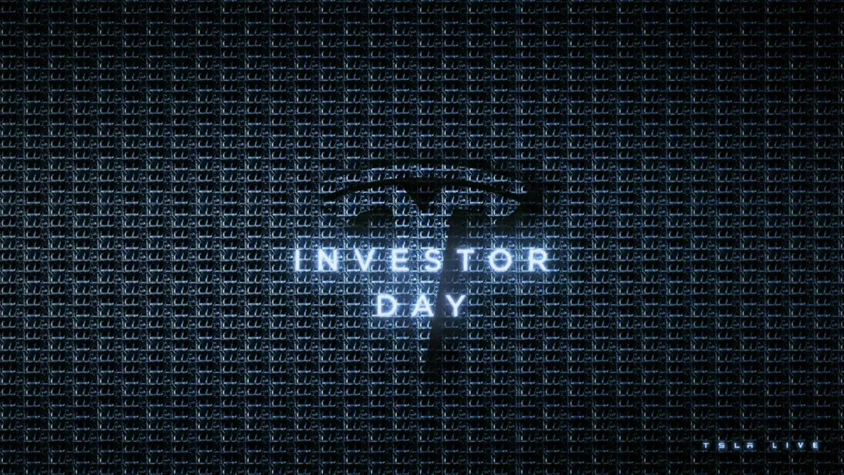 Features the Tesla logo and 'INVESTOR DAY' text over a dark, textured background.