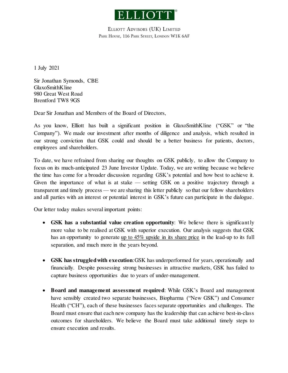 This is a formal investor letter from Elliott Advisors to GSK.