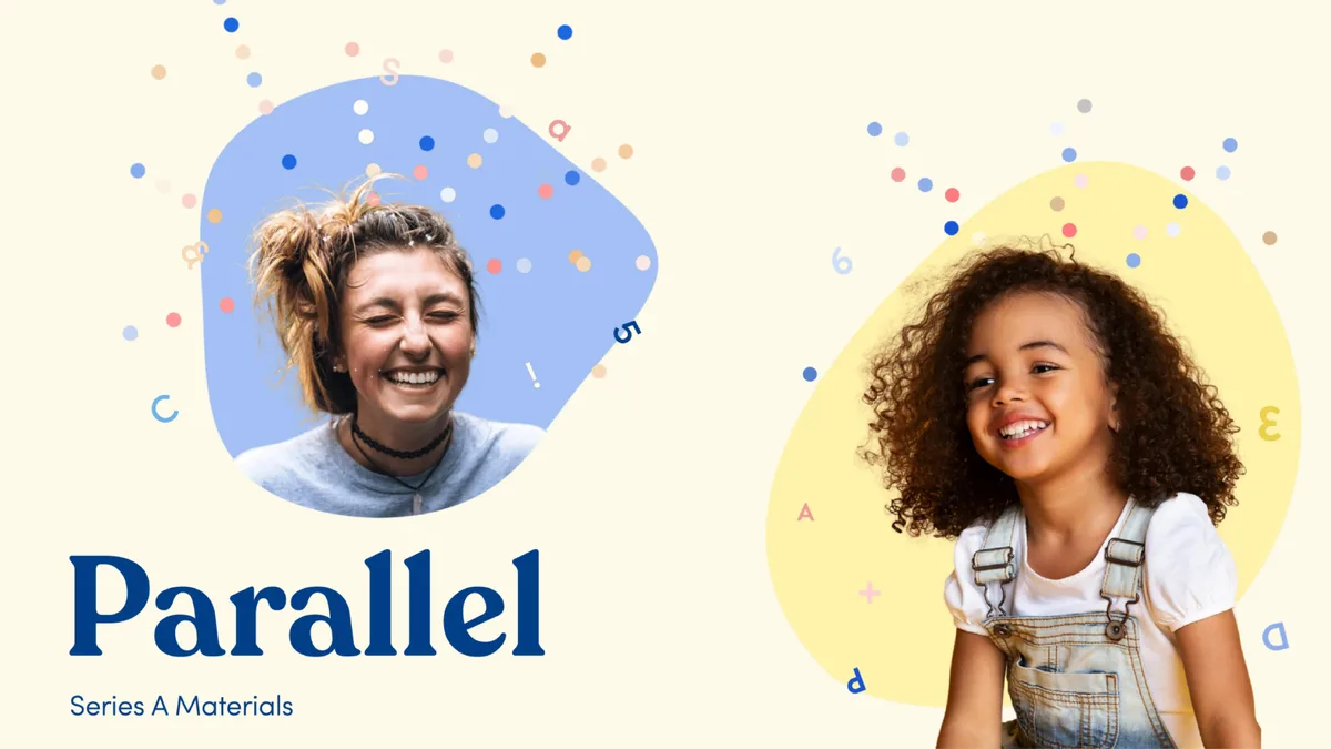 The slide uses abstract shapes and photos of people to convey a friendly, human-centric brand identity.