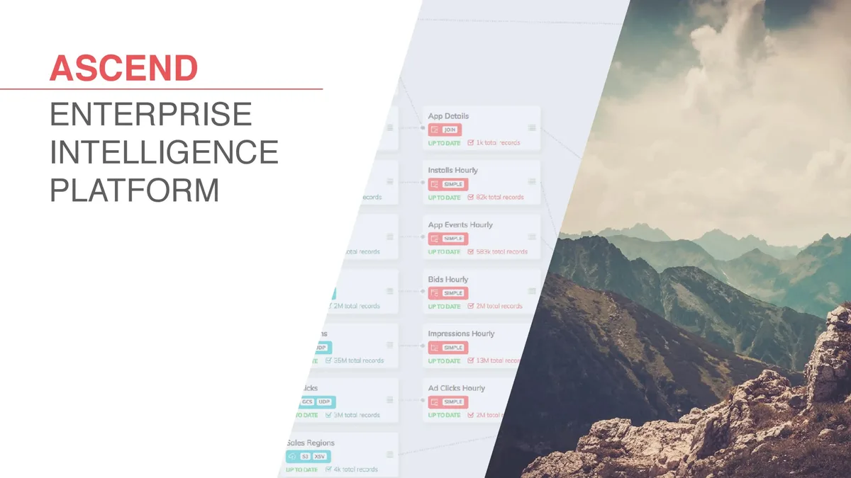 The slide uses a split-screen layout with a clean white left side for text and a right side featuring a data pipeline diagram overlaid on a mountain landscape.